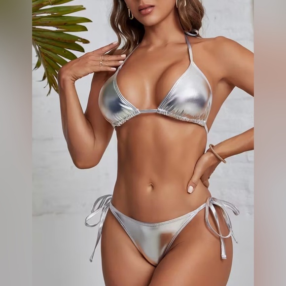 Pretty Woman Boutique Other - Glamorous Silver Halter Side Tie Bikini Set